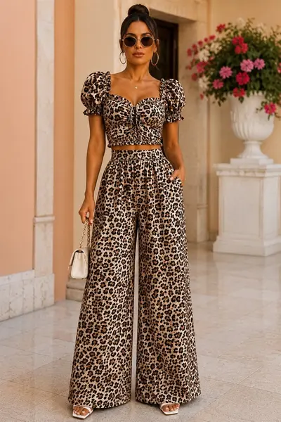 Compleu casual BRISEA, cu top scurt, bufant si pantaloni largi, Animal print