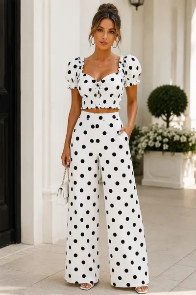 Compleu casual BRISEA, cu top scurt, bufant si pantaloni lejeri, Print Buline Alb
