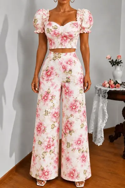 Compleu casual BRISEA, cu top scurt, bufant si pantaloni vaporosi, Roses Print