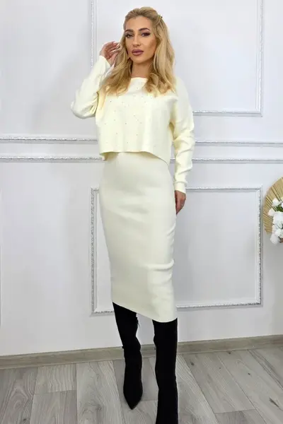 Compleu casual cu rochie Caryne si bluza scurta oversize, ALB Ivory, Marime S/M