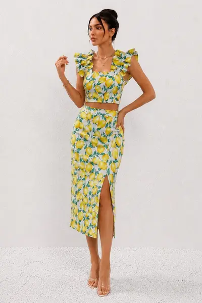 Compleu casual lemon ORLINEA fusta si top crop cu volane, Galben LIME