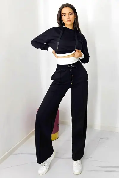 Compleu casual, Stability, pantaloni lejeri cu buzunare si bluza cu gluga, Negru/Alb