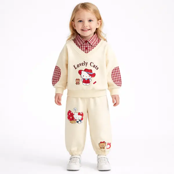 Compleu Crem Fetițe Bluză Roșie și Pantaloni cu Hello Kitty - 18-24 luni