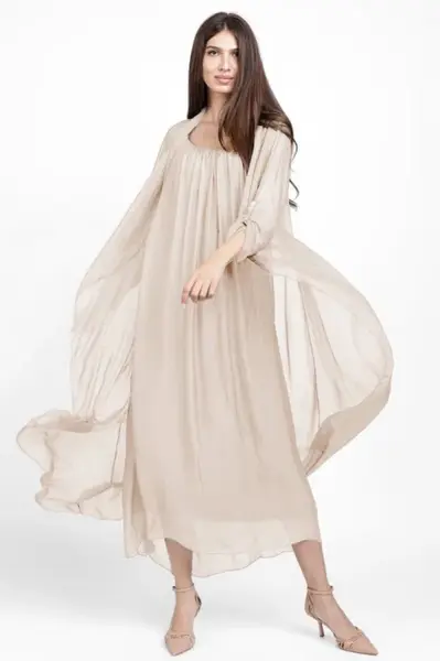 Compleu cu rochie si blazer din matase si vascoza, bej