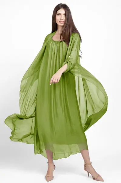 Compleu cu rochie si blazer din matase si vascoza, verde oliv