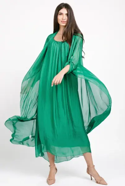 Compleu cu rochie si blazer din matase si vascoza, verde smarald