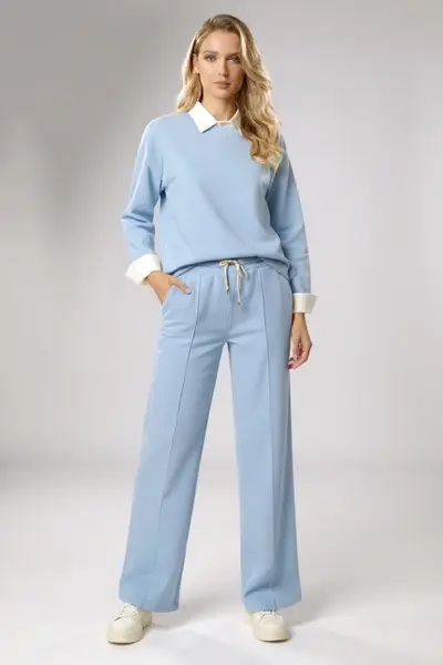 Compleu dama ALYA, cu bluza tip camasa si pantaloni lejeri cu snur, Bleu, Marime S/M/L