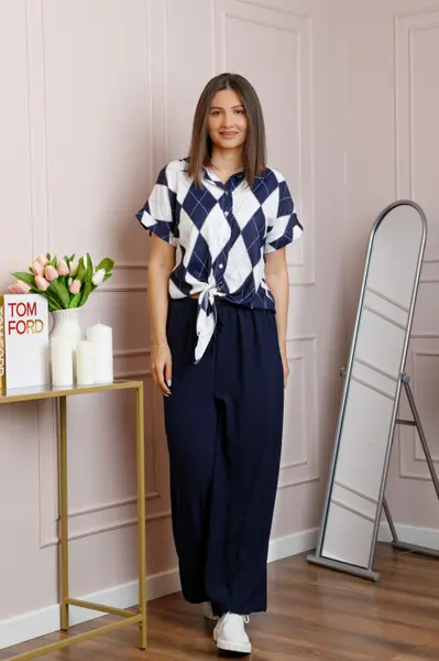 Compleu dama bleumarin cu pantaloni largi si bluza cu nod Candice
