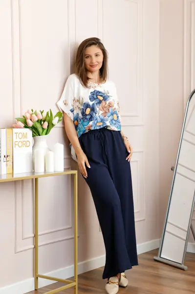 Compleu dama Deborah cu bluza vaporoasa si pantaloni largi - Bleumarin