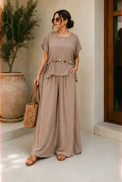 Compleu dama din vascoza cu pantaloni palazzo si bluza lejera cu margele, bej inchis