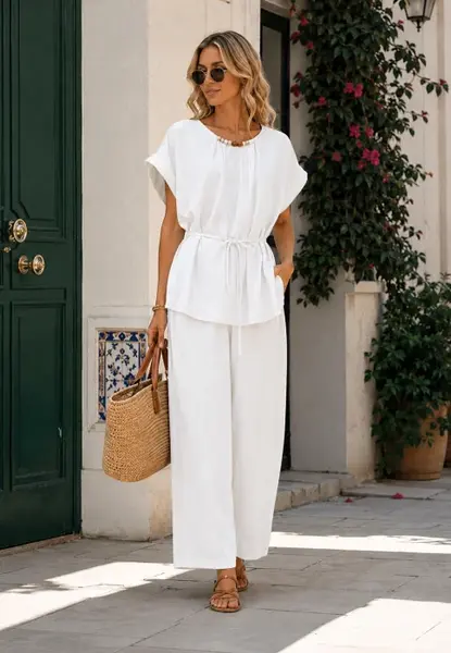 Compleu dama din vascoza cu pantaloni palazzo si bluza lejera cu margele la decolteu