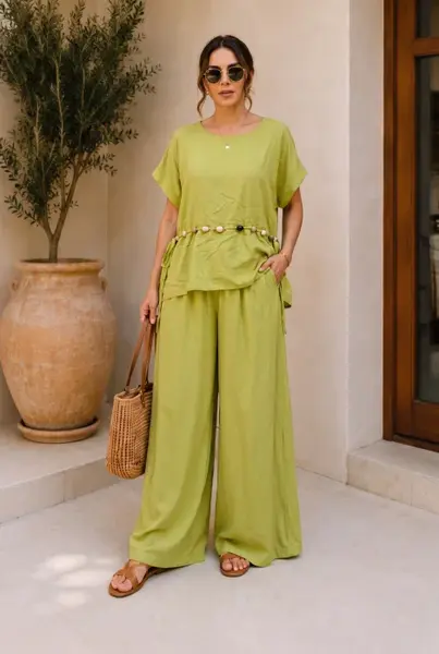 Compleu dama, masura mare, din vascoza cu pantaloni palazzo si bluza lejera cu margele, verde olive