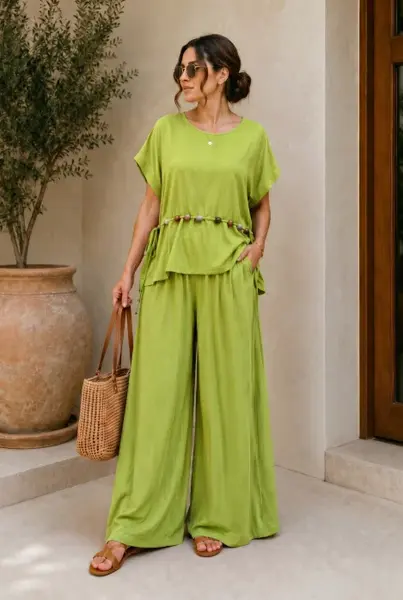 Compleu dama, masura mare, din vascoza cu pantaloni palazzo si bluza lejera cu margele, verde crud