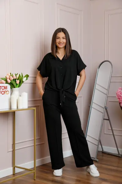 Compleu dama negru cu pantaloni largi si bluza cu nod Abigail