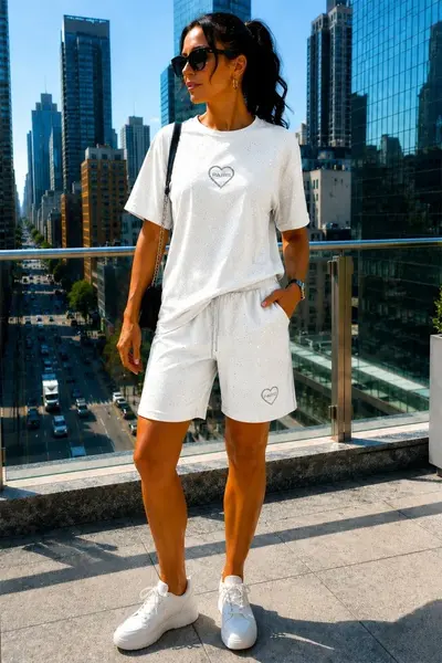 Compleu dama SORINA, sclipici, pantaloni scurti si tricou sport cu logo, Alb