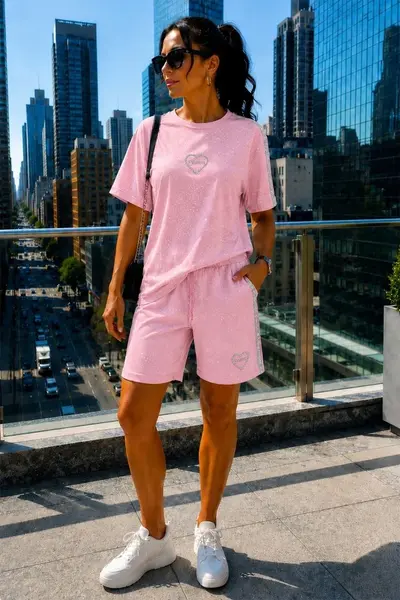 Compleu dama SORINA, sclipici, pantaloni scurti si tricou sport cu logo, Roz