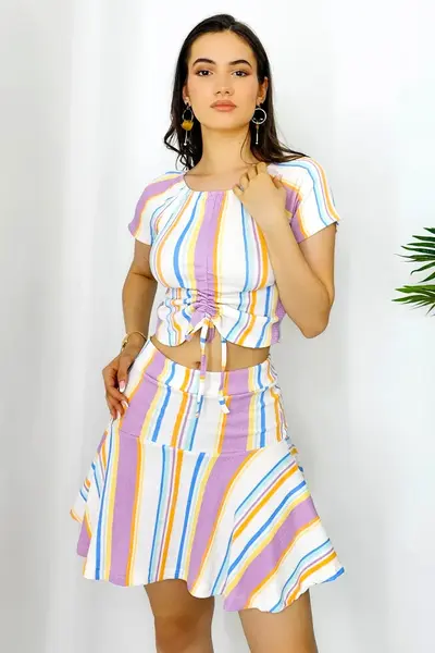 Compleu de vara Mariposa, cu fusta sport si bluza cu snur, Lollipop, Lila