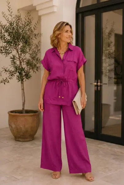 Compleu din vascoza cu pantaloni palazzo si bluza cu cordon, magenta