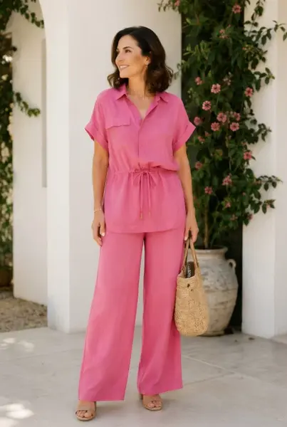 Compleu din vascoza cu pantaloni palazzo si bluza cu cordon, fucsia