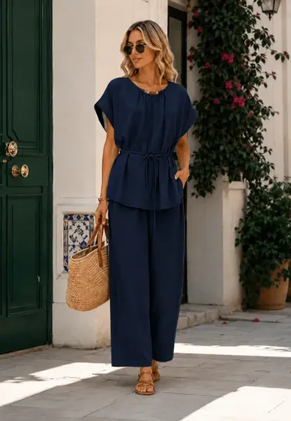 Compleu din vascoza cu pantaloni palazzo si bluza lejera cu margele la decolteu, bleumarin
