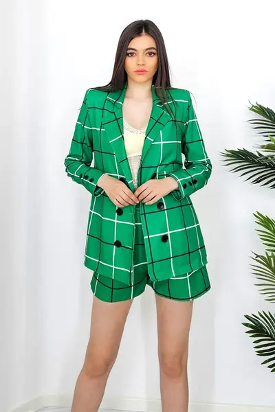 Compleu elegant Haven, sacou lung si pantaloni scurti cu cordon detasabil, Verde smarald
