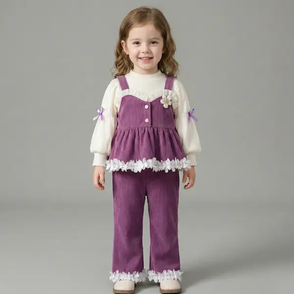 Compleu Fetite 3 Piese din Velvet Raiat Mov - 2-3 ani