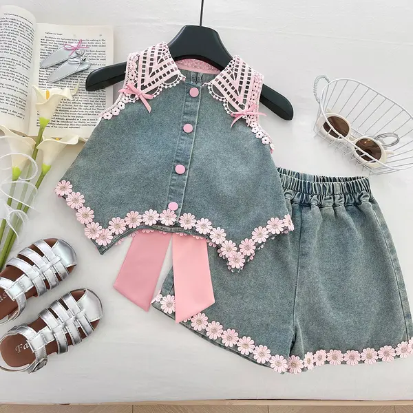 Compleu Fetite din Denim cu Fundita Roz Bia - 4-5 ani