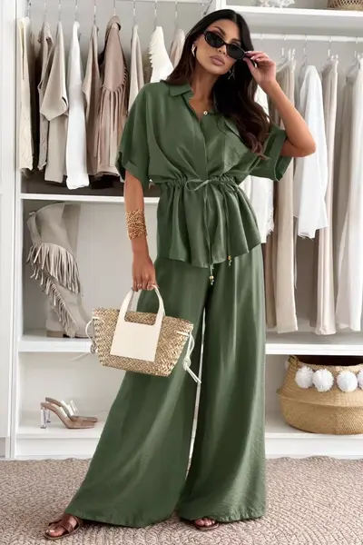 Compleu oversize AZMIRA, camasa kimono si pantaloni palazzo, KAKI, Marime S/M/L
