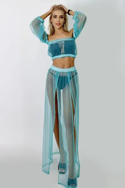 Compleu plaja Naila, din plasa, cu fusta si top scurt, Turquoise, Marime universala S/M