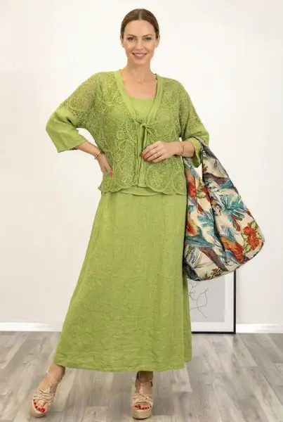 Compleu rochie lunga din in cu blazer dantelat si croi lejer boem elegant , verde olive