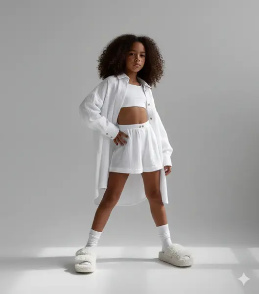 Compleu roz din muselina cu pantaloni scurti si camasa oversize pentru fete - Defne