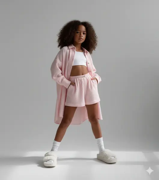 Compleu roz din muselina cu pantaloni scurti si camasa oversize pentru fete - Defne