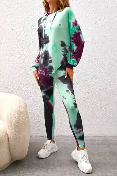 Compleu sport Fussion, cu imprimeu pastel, colanti si bluza lunga cu gluga, Verde