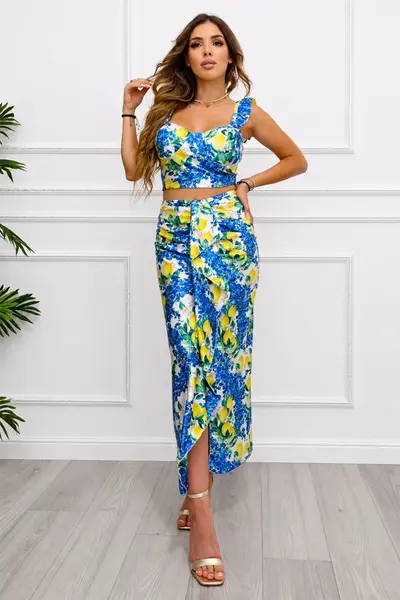 Compleu Summer Party, top cu volane si fusta cu imprimeu lamai, Albastru, Marime S/M