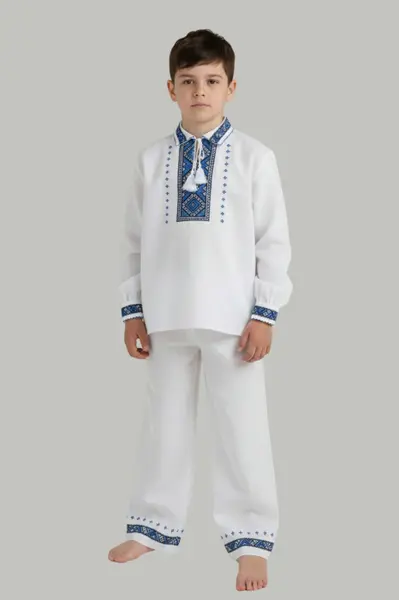Compleu traditional alb pentru baieti cu motiv geometric albastru Stefan