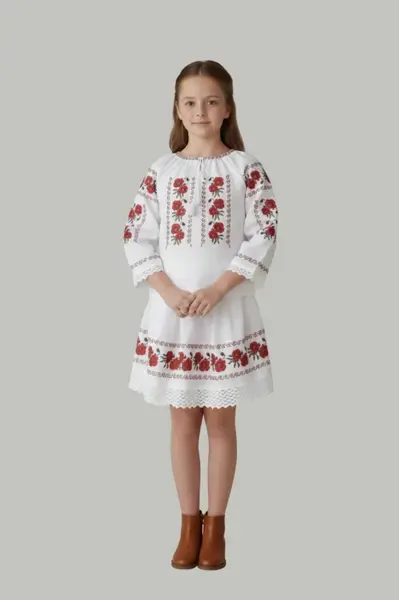 Compleu traditional alb pentru fetite cu motiv floral rosu Ilona