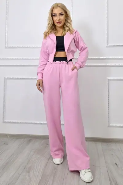 Compleu trei piese ELINA, cu bustiera, hanorac si pantaloni lejeri, Roz, Marime S/M