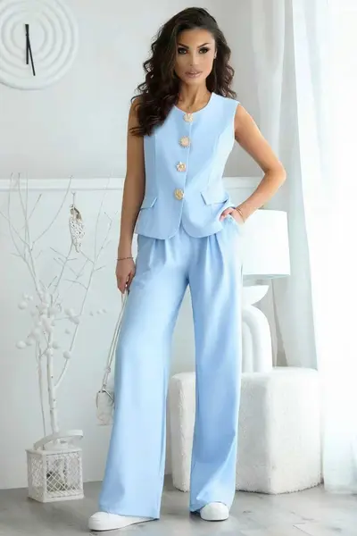 Compleu Valeska, cu pantaloni largi si vesta eleganta accesorizata, Bleu, Marime S/M