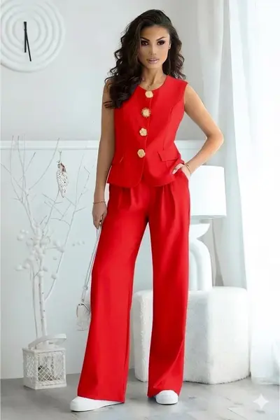 Compleu Valeska, cu pantaloni largi si vesta eleganta accesorizata, Rosu, Marime S/M