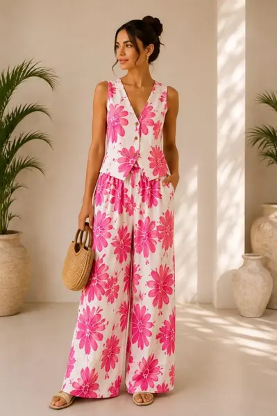 Compleu vaporos Arioso, imprimeu mediteranean, pantaloni palazzo si vesta, Roz