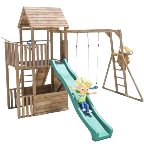 Complex de joaca BalconyFort ™ cu Monkey Bars si 2 leagane, tobogan verde 2.9 m, Dunster House