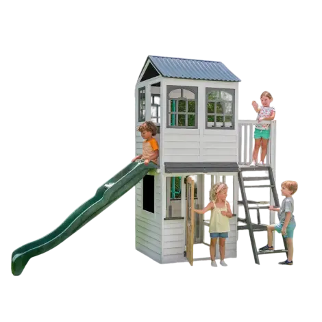 Complex de joaca din lemn cu tobogan, casuta etajata si balcon Woodland View