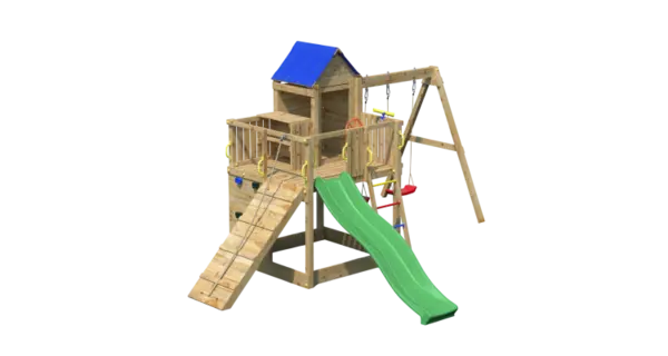 Complex de joaca din lemn Fungoo Treehouse natur, 7in1, 495 x 443 x 272cm, tobogan 2.2m