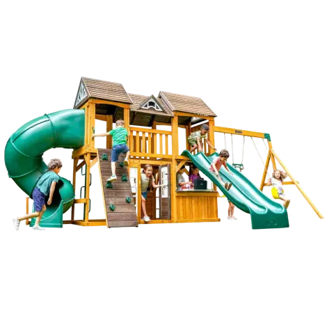 Complex de joaca din lemn, max 10 copii, 3 leagane, 3 tobogane, Adventure Bend Swing Set, Cedar Summit F29720