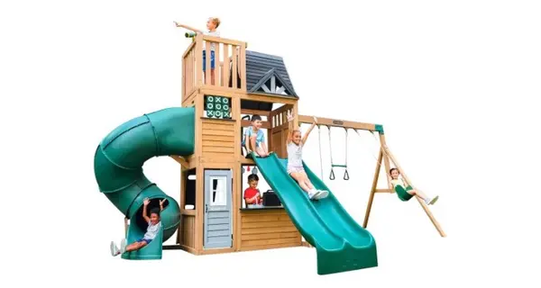 Complex de joaca din lemn, max 9 copii, 3 leagane, 3 tobogane, Summit View, Cedar Summit F29750E