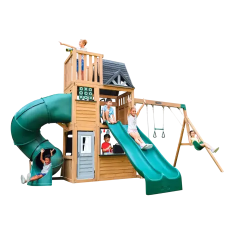 Complex de joaca din lemn, max 9 copii, 3 leagane, 3 tobogane, Summit View, Cedar Summit F29750E