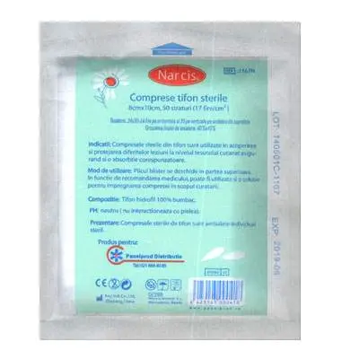 Comprese sterile din tifon 10cm x 8cm, 50 straturi, Narcis