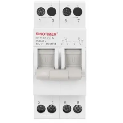 Comutator de transfer manual, 2P 63A Sinotimer SF219G separator de comutare, centru off, montaj pe sina DIN Sinotimer SF219G-63A-2P