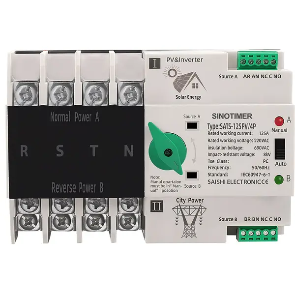 Comutator de transfer, PV, 4P cu sina DIN, SINOTIMER, comutatoare de selectie automata de transfer cu dubla alimentare, 125A SATS-125PV/4P