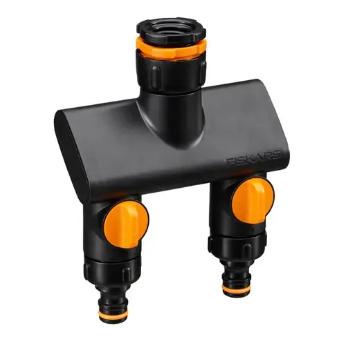 Conector robinet cu 2 cai Fiskars Comfort On/Off, 1070577, diametru conector 1/2inch, 3/4inch, 1inch (Portocaliu/Negru)
